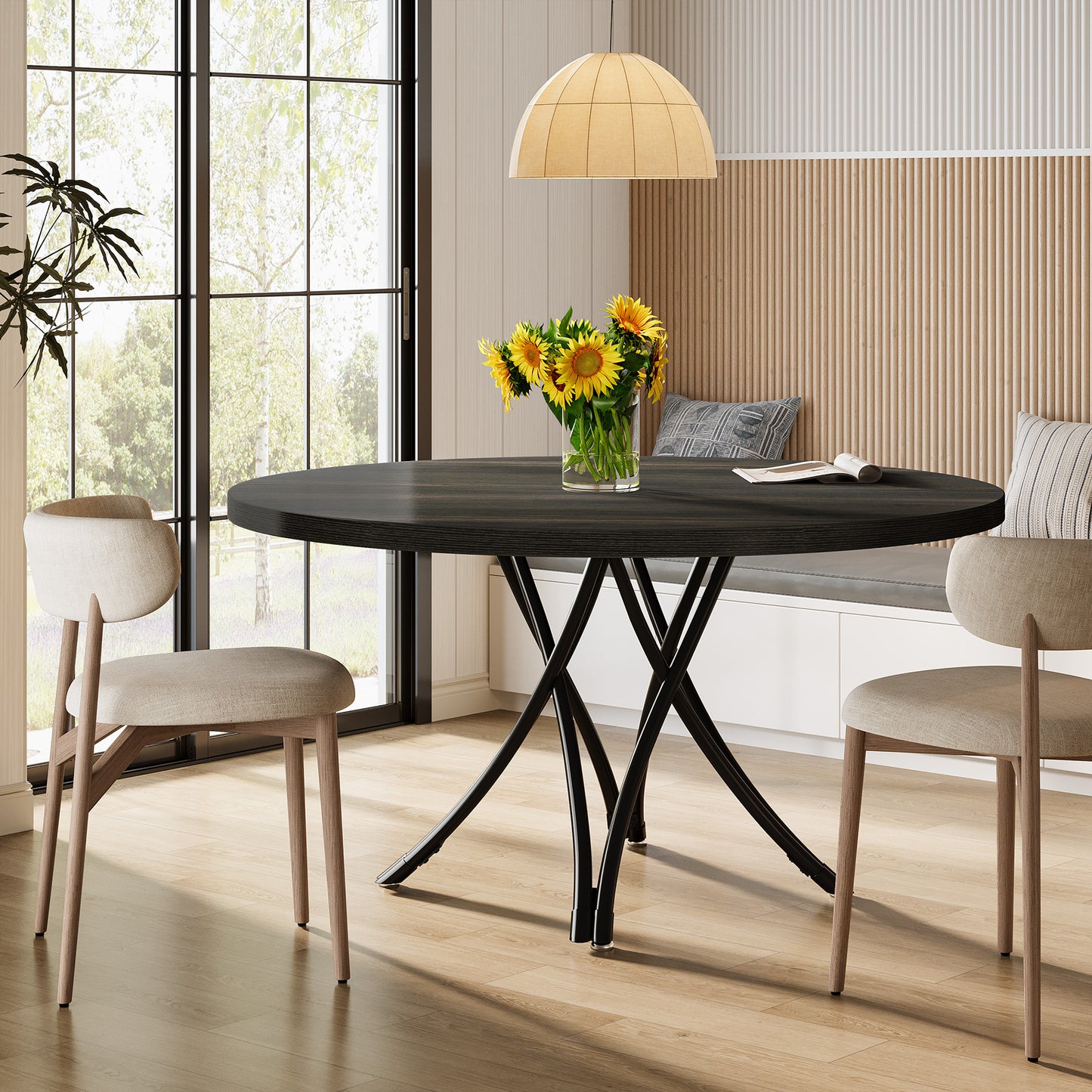 Round Dining Table for 4–6 People, 120 cm, Modern Kitchen Table with Cross-Leg Design, Easy Installation, for Kitchen or Dining Room, 120 × 120 × 75 cm, Black
