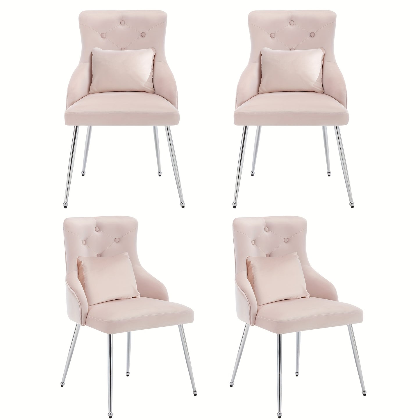 Eetkamerstoel – Stoel – Kuipstoel – Eettafelstoel – Zetel – Set van 4 – Metalen Frame – Inclusief Lumbar Kussen – Pastelroze Velvet – Open Rugleuning – Geschikt voor Harde Vloeren