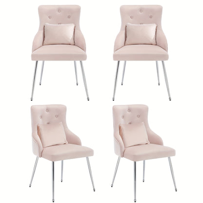 Eetkamerstoel – Stoel – Kuipstoel – Eettafelstoel – Zetel – Set van 4 – Metalen Frame – Inclusief Lumbar Kussen – Pastelroze Velvet – Open Rugleuning – Geschikt voor Harde Vloeren