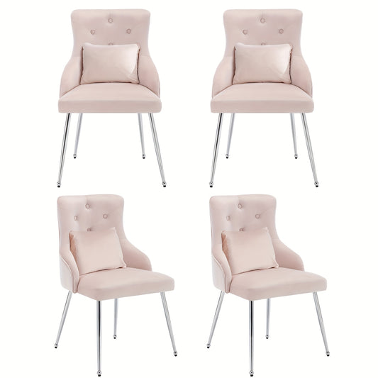 Eetkamerstoel – Stoel – Kuipstoel – Eettafelstoel – Zetel – Set van 4 – Metalen Frame – Inclusief Lumbar Kussen – Pastelroze Velvet – Open Rugleuning – Geschikt voor Harde Vloeren