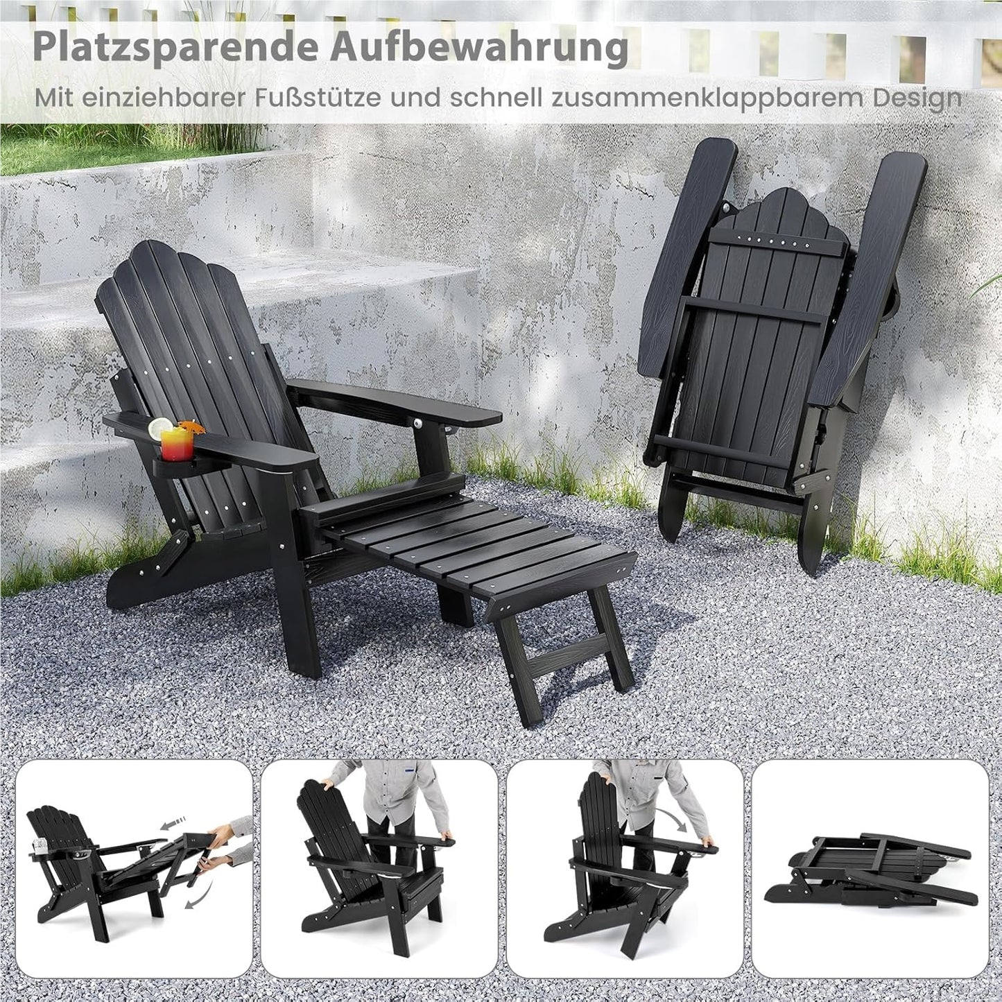 Adirondack Tuinstoel – Tuinstoel – Buitenstoel – Ligstoel – Relaxstoel – Vouwbaar Met Voetensteun – Weerbestendig Kunststof – Verstelbare Rugleuning – 180 Kg Draagvermogen – Zwart