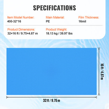 Solar Zwembadfolie – Zwembad Cover – Zwembad Deksel – Solar Cover – Zwembad Afdekking – Blauw – 36 x 16 ft (11 x 5 m) – 16 Mil Duurzaam PE Materiaal – Beperkt Waterverdamping Tot 95%