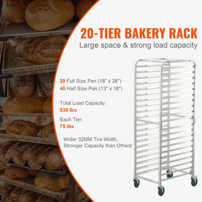 Broodrek – Bakplaatrek – Broodhouder – Bakkerijrek – Opslagrek – 20 Laags – Lichtgewicht Aluminium – Wieltjes Met Rem