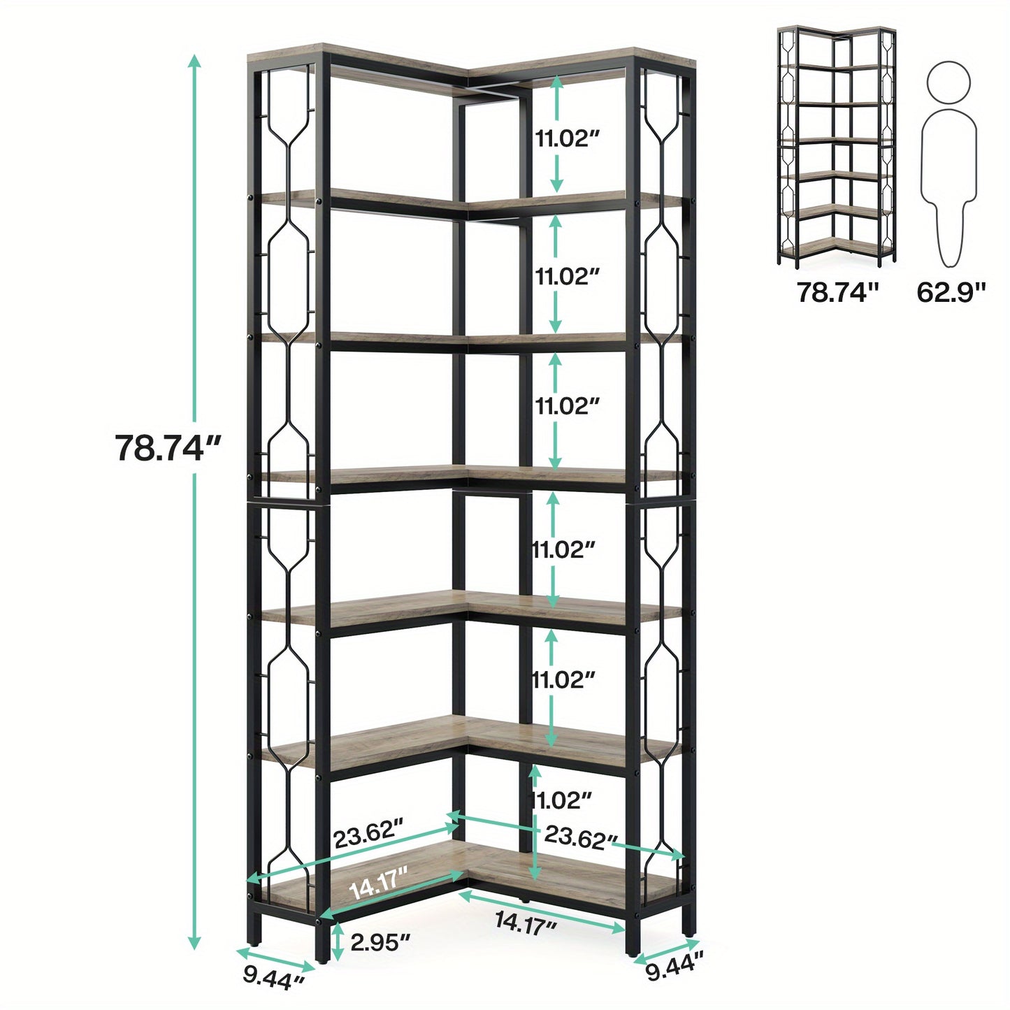 Hoekboekenkast – Hoekrek – Opbergkast – Boekplank – Wandmeubel – Industrieel Design – 7 Lagen Met L-vormige Reling – Hout & Metaal – Draagvermogen 50 kg – Grijs