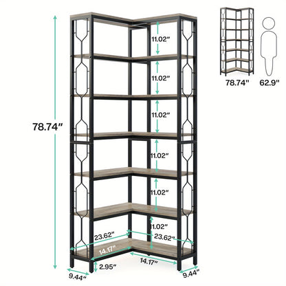 Hoekboekenkast – Hoekrek – Opbergkast – Boekplank – Wandmeubel – Industrieel Design – 7 Lagen Met L-vormige Reling – Hout & Metaal – Draagvermogen 50 kg – Grijs