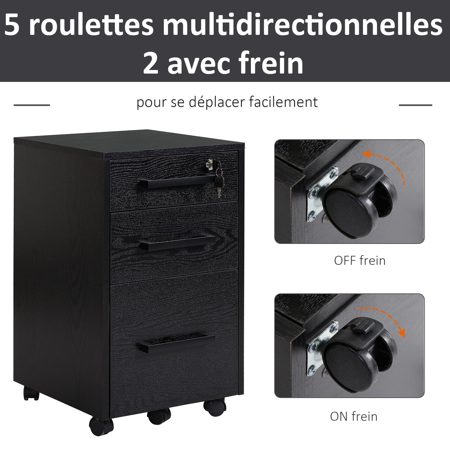 bureaukastje – ladekastje – opbergkast – rolcontainer – bureau-organizer – 3 lades met slot – verrijdbaar met wieltjes – MDF zwart – compact design 39x40x65 cm