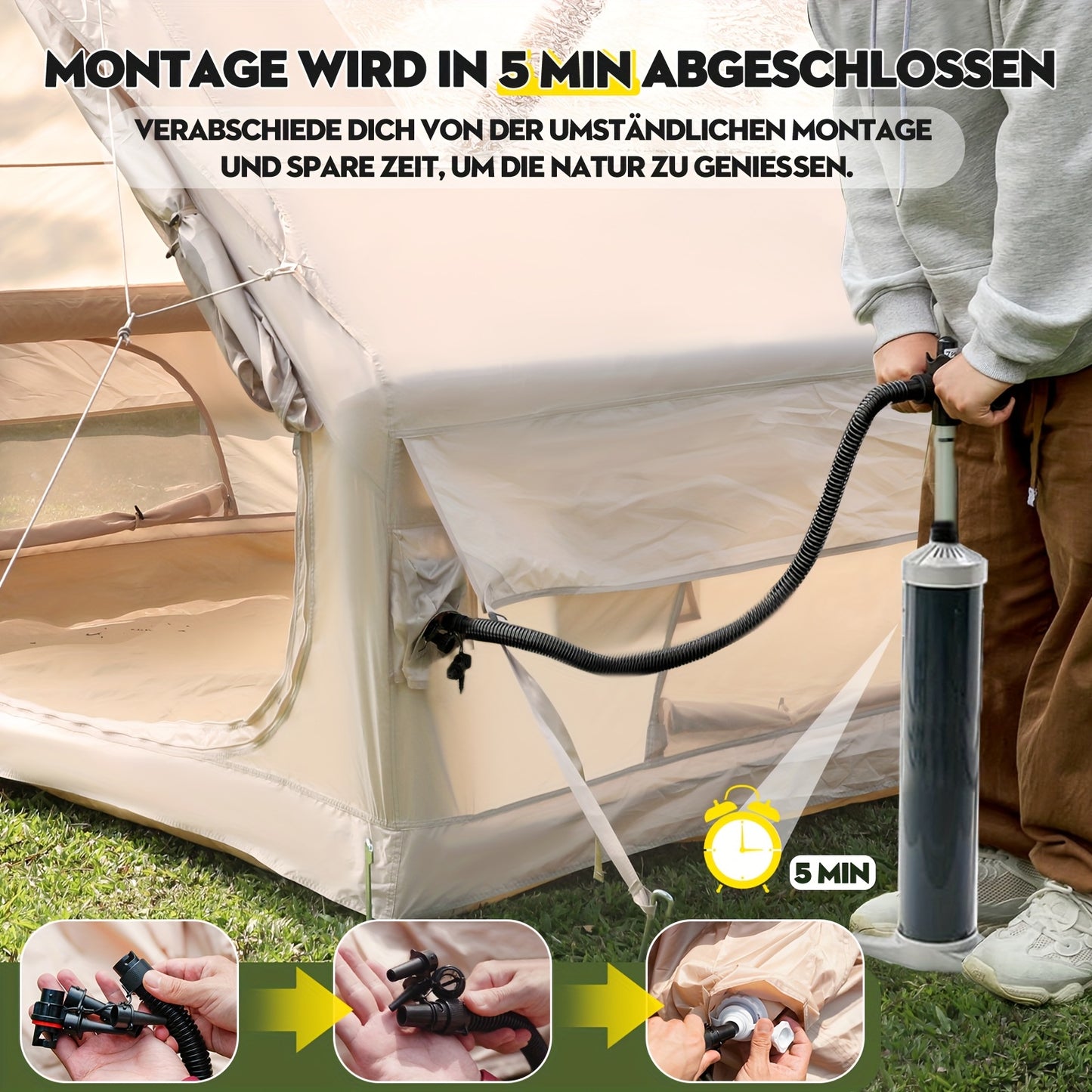 Opblaasbare Tent – Kampeertent – Familietent – Tunneltent – XL Tent – Snel Opzetten – Duurzaam 420D Oxford Materiaal – Geschikt Voor 8 Personen