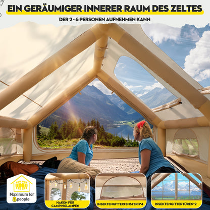 Opblaasbare Tent – Kampeertent – Familietent – Tunneltent – XL Tent – Snel Opzetten – Duurzaam 420D Oxford Materiaal – Geschikt Voor 8 Personen