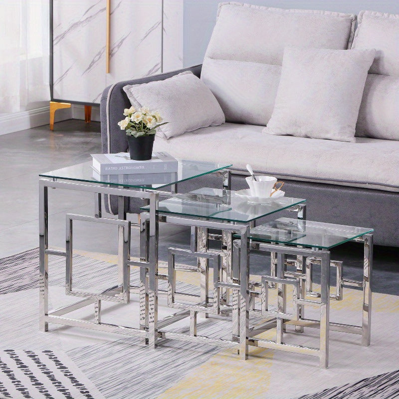 JYMTOM Set of 3 Coffee Tables, Side Tables Made of Stainless Steel Frame and Tempered Glass for Living Room, Modern Design, Sofa Table, Coffee Tables for Living Room, Sofa Side Table, Home Accent Tables, Glass Coffee Table, M