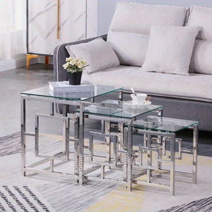Salontafel – Bijzettafel – Koffietafel – Sidetable – Woonkamertafel – Set Van 3 – RVS Frame – Geharde Glazen Bladen