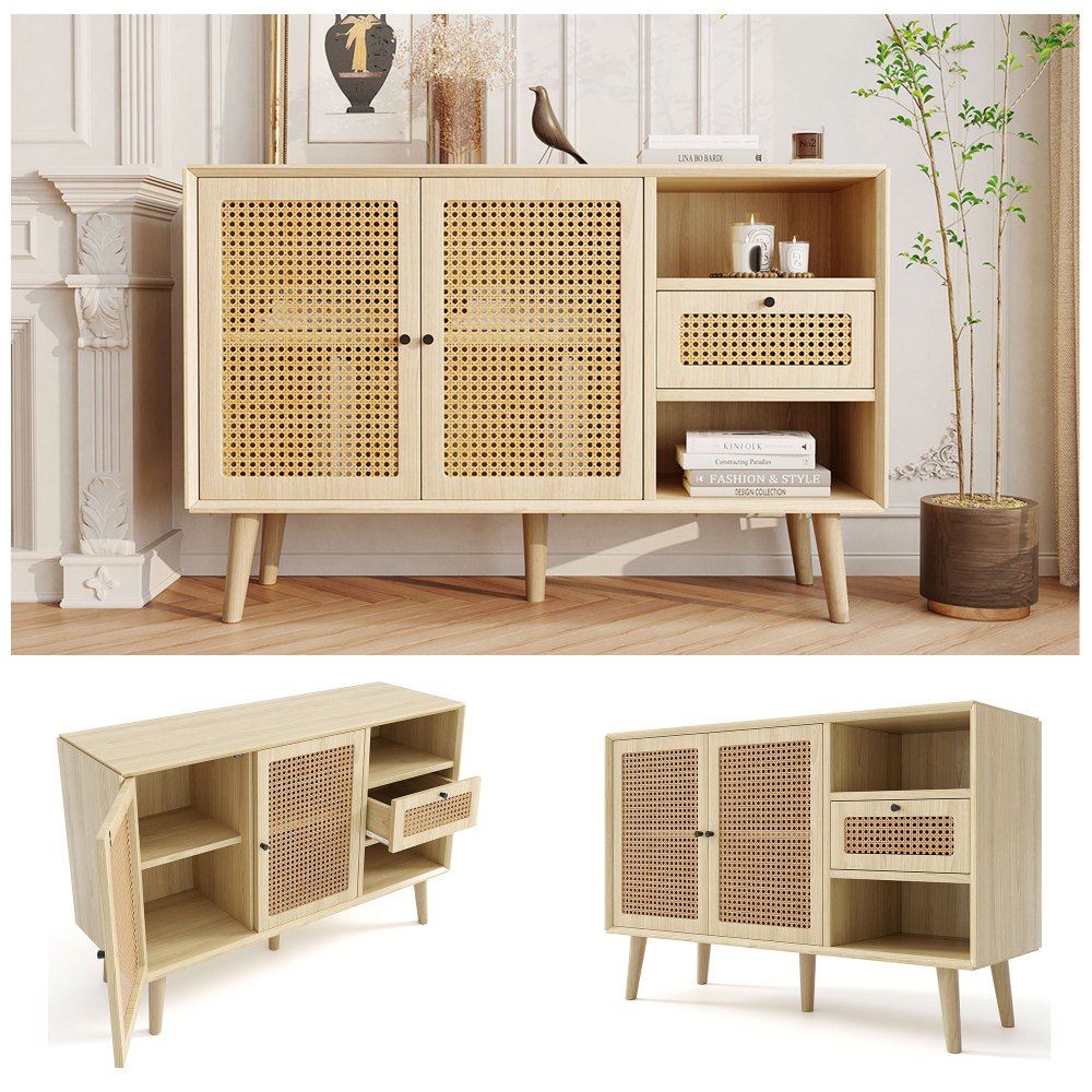Dressoir – Ladekast – Opbergkast – Buffetkast – Kast – MDF Constructie – Massief Houten Poten – 1 Lade – 2 Deuren Met Rattan Vlechtwerk – Verstelbare Planken – Eikenlook 120x40x80 cm