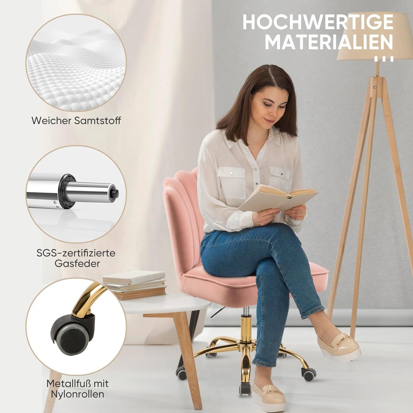 Velvet Bureaustoel – Draaistoel – Bureau Stoel – Stud Stoel – Werkstoel – Hoogte Verstelbaar – Ergonomisch Design – Roze Stoffen Bekleding – Houten Basis