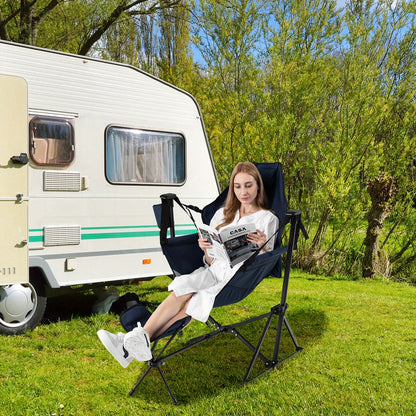 Campingstoel – Vouwstoel – Kampeerstoel – Visstoel – Strandstoel – Verstelbare Rugleuning – Uitschuifbare Voetensteun – Gevoerd Hoofdkussen – Roestvrij Metalen Frame – Navy Blauw