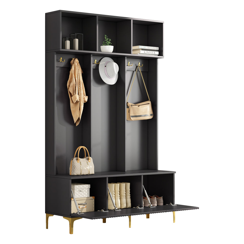 Halbank – Schoenenbank – Opbergbank – Kastbank – Kapstok – Zwart – Gouden Haken – 120 cm Breed – Ruimtebesparend – Eenvoudige Montage