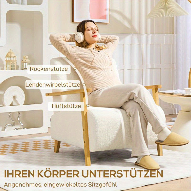 Fauteuil – Lounge Chair – Relaxstoel – Zitstoel – Relaxfauteuil – Handmatig Verstelbaar – Stevige Houten Poten 120 kg – Crème Wit Met Beige Armleuningen