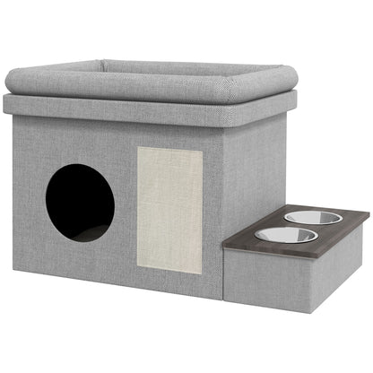 Kattenhuis – Kattenmand – Kattenhut – Kattenverblijf – Speelhuis Kat – Grijs – Verhoogde Voerplek Met 2 Roestvrijstalen Bakjes – Inclusief Sisal Krabmat En Zacht Kussen