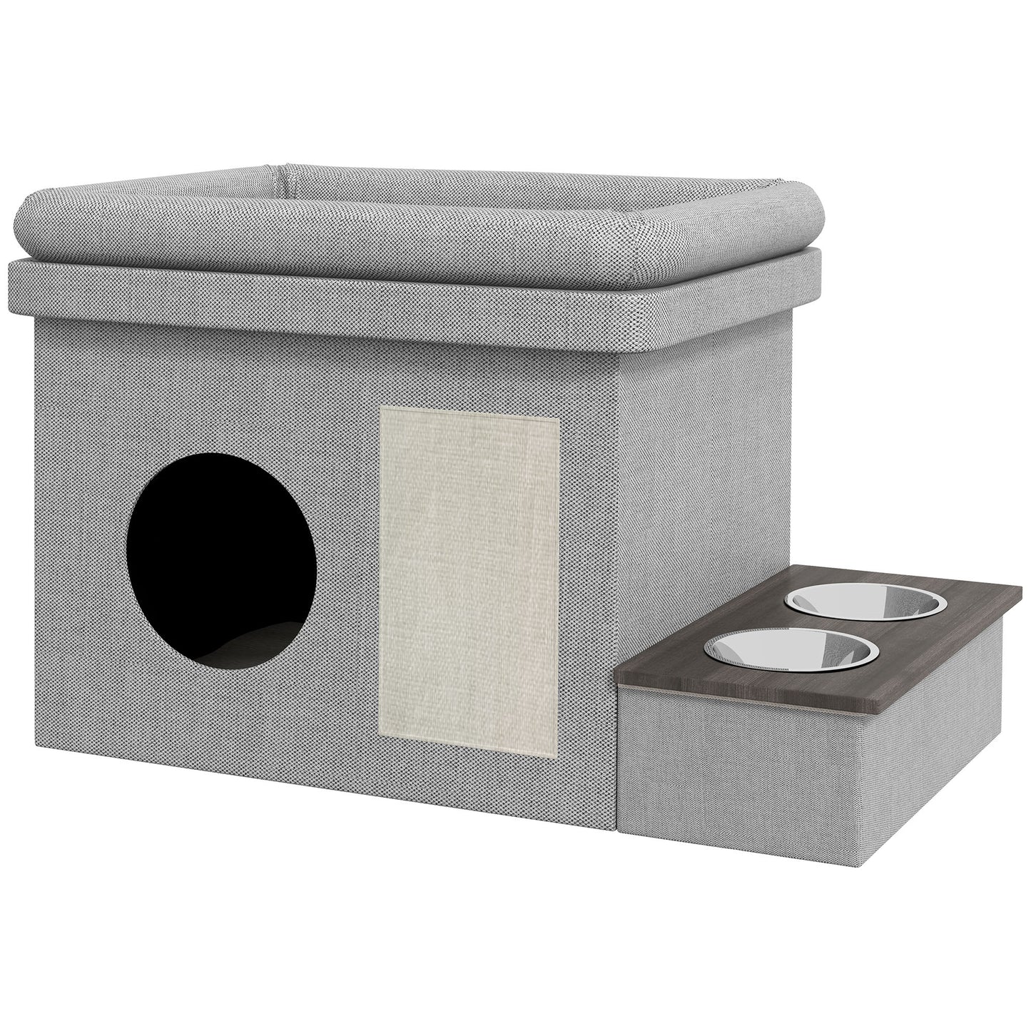 Kattenhuis – Kattenhut – Kattenverblijf – Kattenmand – Kattenmeubel – Met 2 RVS Voerbakken – Inclusief Sisal Krabmat