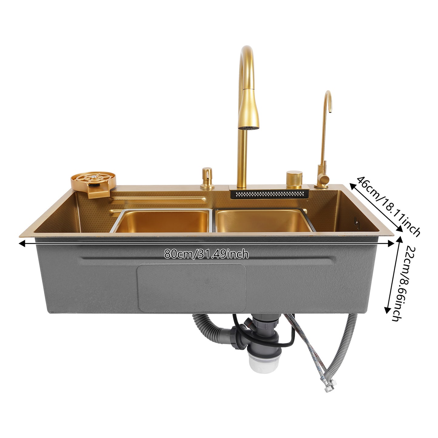 80 cm Gouden RVS Keukenspoelbak – Spoelbak – Keukenspoelbak – Afwasbak – Wasbak – 304 Roestvrij Staal – Twee Compartimenten – Diepe Grote Bak – Gepolijst – Duurzaam