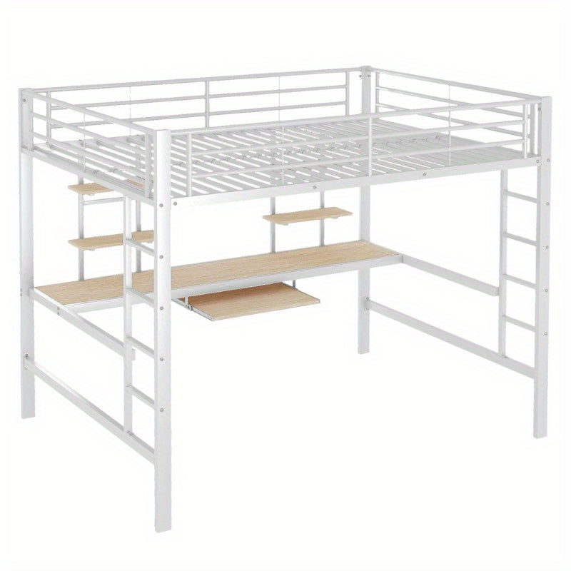Hoogslaper – Stapelbed – Ligbed – Bed met Bureau – Bed met Planken – Stevig Metaalframe – Ruimtebesparend Ontwerp – 140x200 cm – Wit
