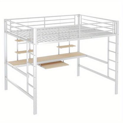 Hoogslaper – Stapelbed – Ligbed – Bed met Bureau – Bed met Planken – Stevig Metaalframe – Ruimtebesparend Ontwerp – 140x200 cm – Wit