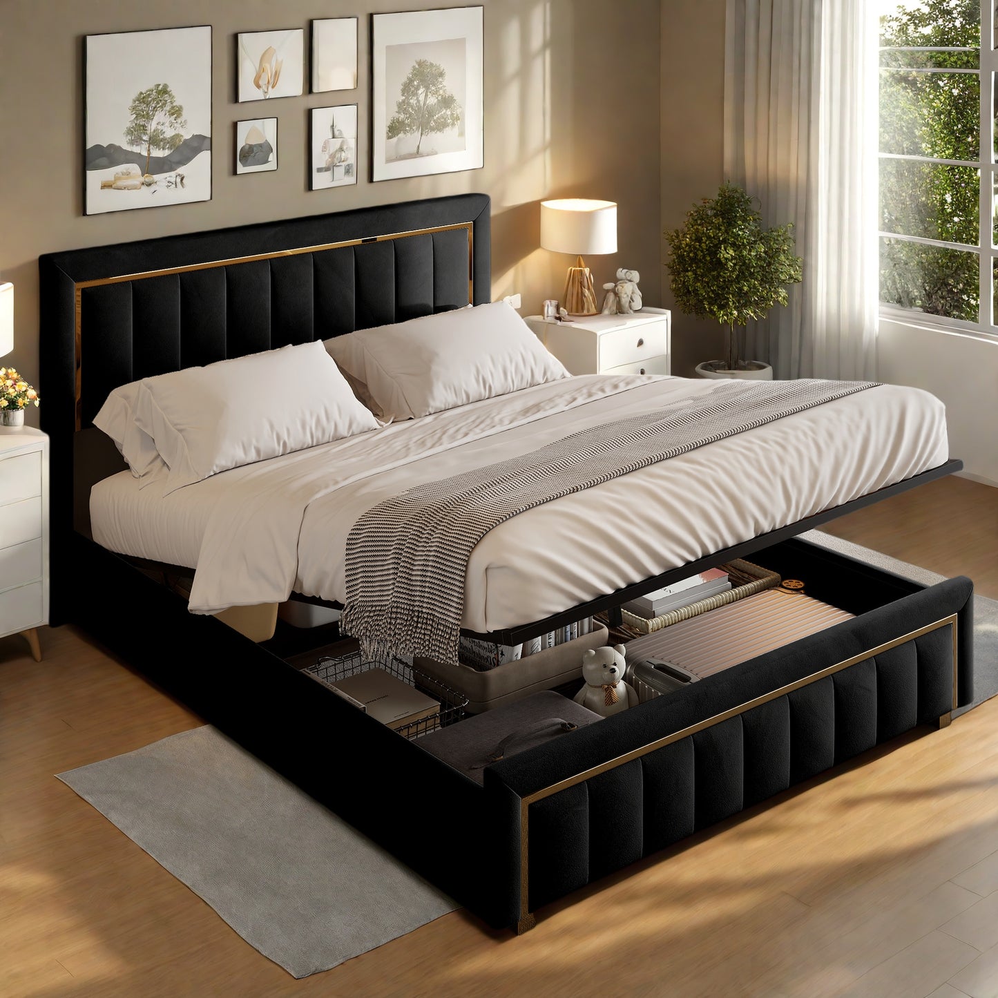 Bedkasten – Nachtkastje – Opbergkast – Bedframe – Slapen – 160x200 cm – Gestoffeerd Tweepersoonsbed – 35 cm Opbergruimte Met Hydraulisch Systeem