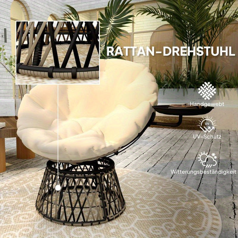 360° Draaibare Papasan Stoel – Rotatiesstoel – Lounge Stoel – Wicker Stoel – Relaxstoel – Metalen Kunststof Frame – Pluche Kussen – Beige Rotan Look – 90 cm Rond – Binnen Buiten Gebruik – Direct Klaar Voor Gebruik