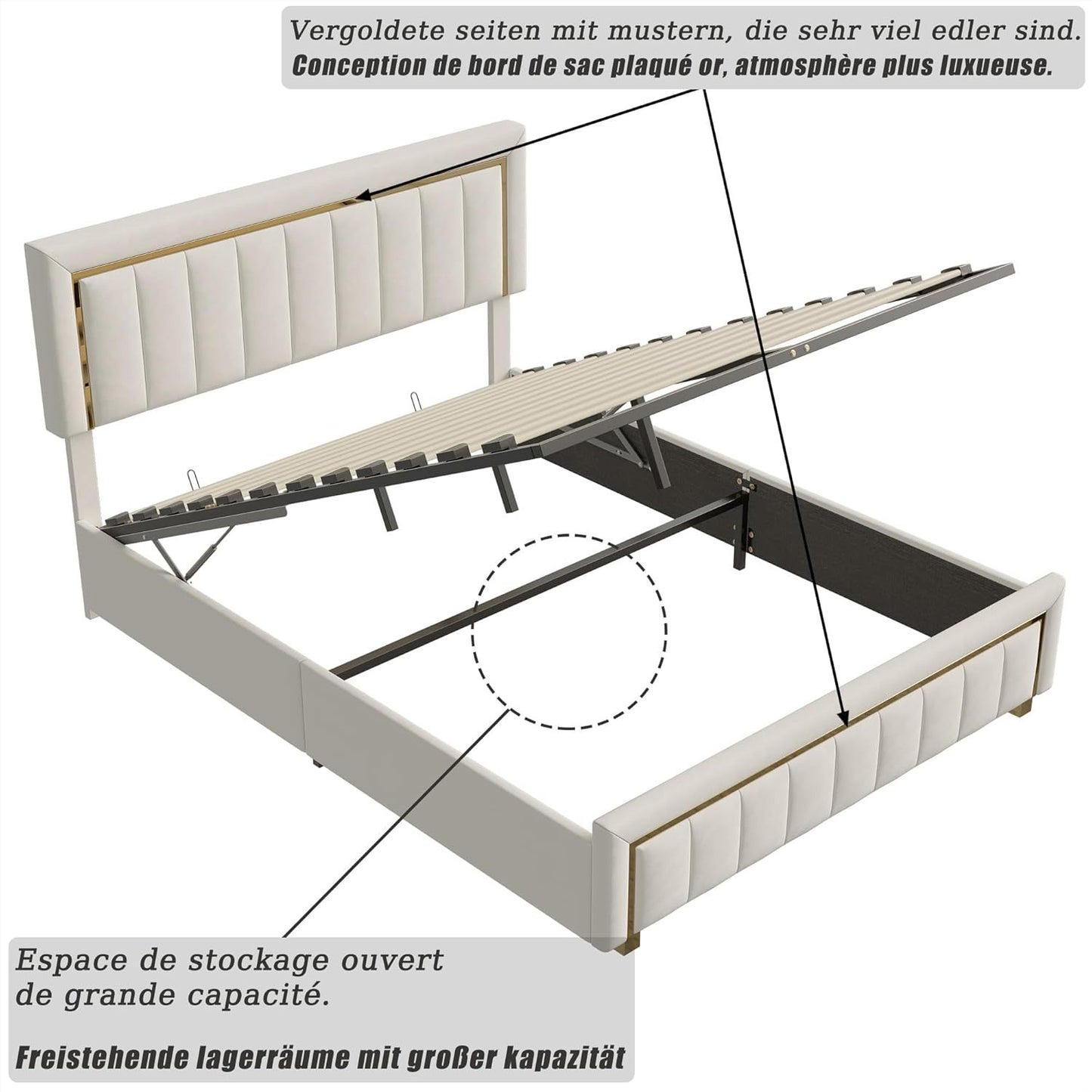 Beige Velvet Bed – Opbergbed – Bedframe – Tweepersoonsbed – Slaapkamerbed – 160x200 cm – Hydraulische Opbergruimte – Houten Lattenbodem