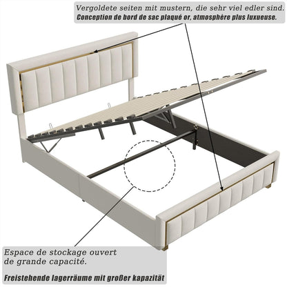 Beige Velvet Bed – Opbergbed – Bedframe – Tweepersoonsbed – Slaapkamerbed – 160x200 cm – Hydraulische Opbergruimte – Houten Lattenbodem