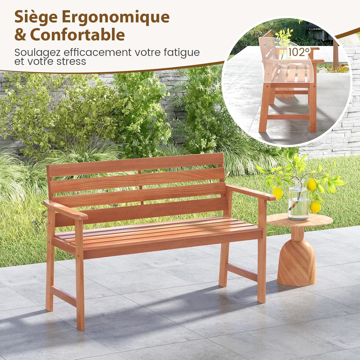Tuinbank – Houten Bankje – Buitenbank – Tuinmeubel – Terrasbank – Ergonomische Rugleuning 102° – Duurzaam Hardhouten Frame