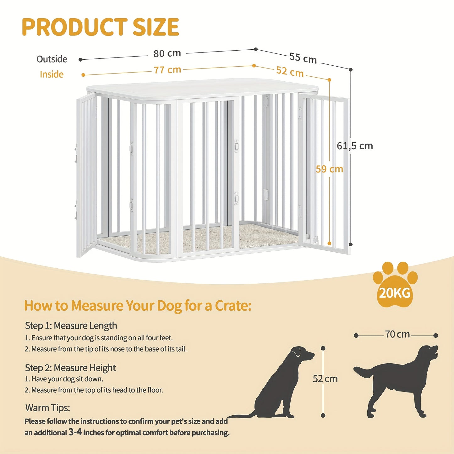 Hondenbench – Hondenkooi – Hondenhok – Hondenkennel – Hondenverblijf – Wit Metalen Frame – Multi-Deurs Toegang 80x55x61,5cm – Ruime Bench Voor Kleine en Middelgrote Honden