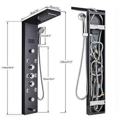 Doucheset – Douchepaneel – Regendouche – Watervaldouche – Handdouche – 6-in-1 Functioneel – RVS Matzwart Met LCD Temperatuurdisplay