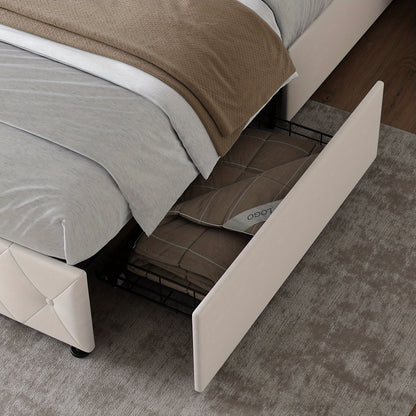 Bedkast – Bedframe – Nachtkastje – Opbergkast – Slaapkamerkast – 140x200 cm – Fluwelen Getuft Hoofdbord – 4 Opberglades