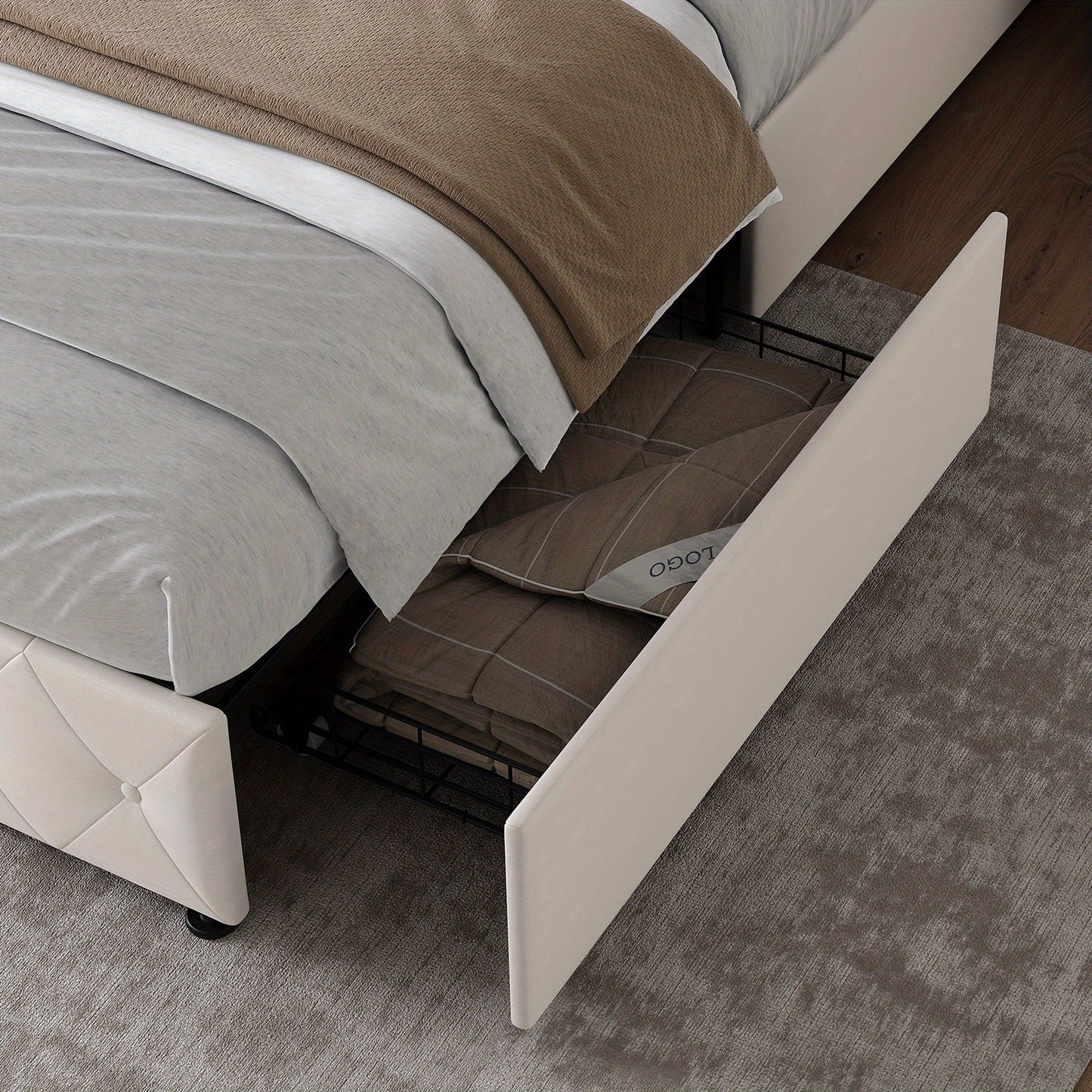 Bedframe – Bed – Tweepersoonsbed – Platformbed – Opbergbed – Met 4 Opbergladen – Gestoffeerd Hoofdbord – 160x200 cm – Beige Fluweel