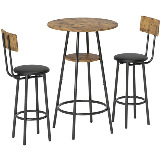 3-Delige Barset – Bartafel Set – Barkrukken Set – Barmeubel – Keukenbar – Rustic-Bruin – Comfortabele Kunstleren Zitting – Stabiel Metalen Frame