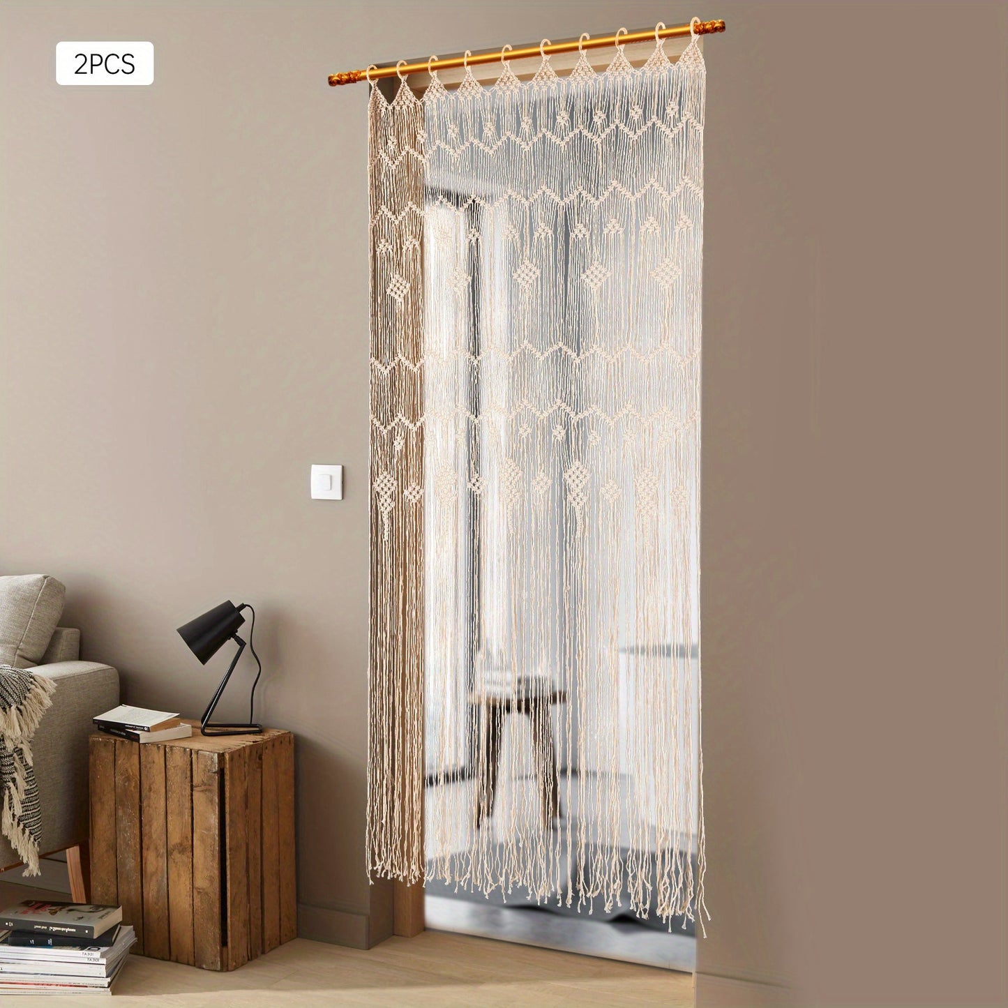 Macramé Gordijnen – Boho Gordijnen – Handgemaakte Gordijnen – Kamerscherm – Raamdecoratie – Beige / Naturel – Extra Lang 100x200 cm – Houten Ringen Voor Eenvoudig Ophangen