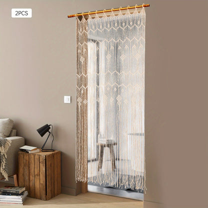 Macramé Gordijnen – Boho Gordijnen – Handgemaakte Gordijnen – Kamerscherm – Raamdecoratie – Beige / Naturel – Extra Lang 100x200 cm – Houten Ringen Voor Eenvoudig Ophangen