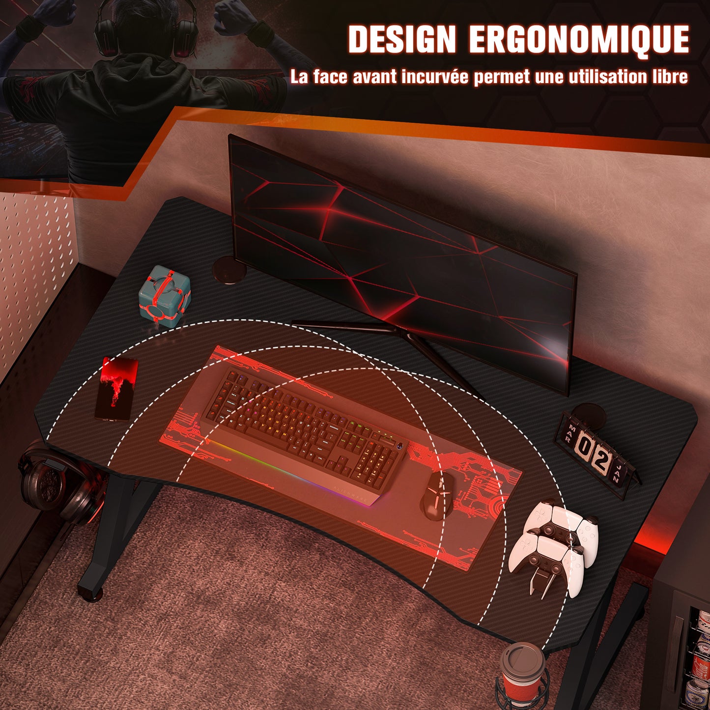 Gaming Bureau – Gamer Bureau – Computerbureau – Werkbureau – Studiebureau – Zwarte Carbon-Fiber Look – Verstelbare Voetjes & Kabeldoorvoeren
