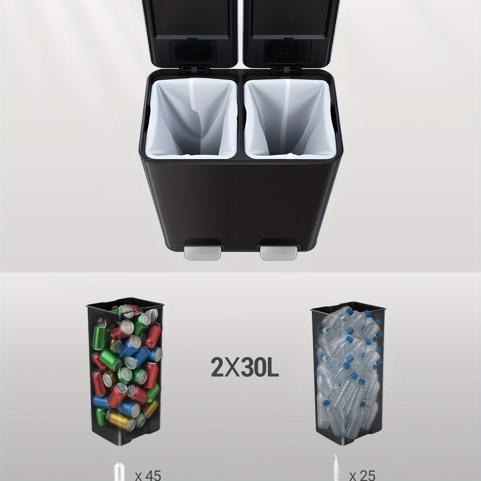 Kitchen Waste Bin, Waste Sorting System, 2 Compartments 60L (2 X 30L), Stainless Steel Kitchen Waste Bin, Pedal Bin, Quiet And Slow Lowering, with 15 Special Waste Bags Laundry Hampers - QUORE
