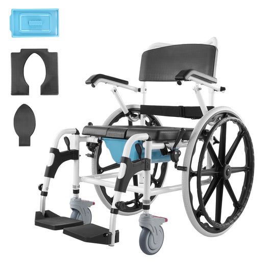 Douche-rolstoel – Badkamerrolstoel – Commode-rolstoel – Mobiliteitsstoel – Douchestoel – Lichtgewicht Aluminium – Verstelbare Armleuningen en Voetensteunen