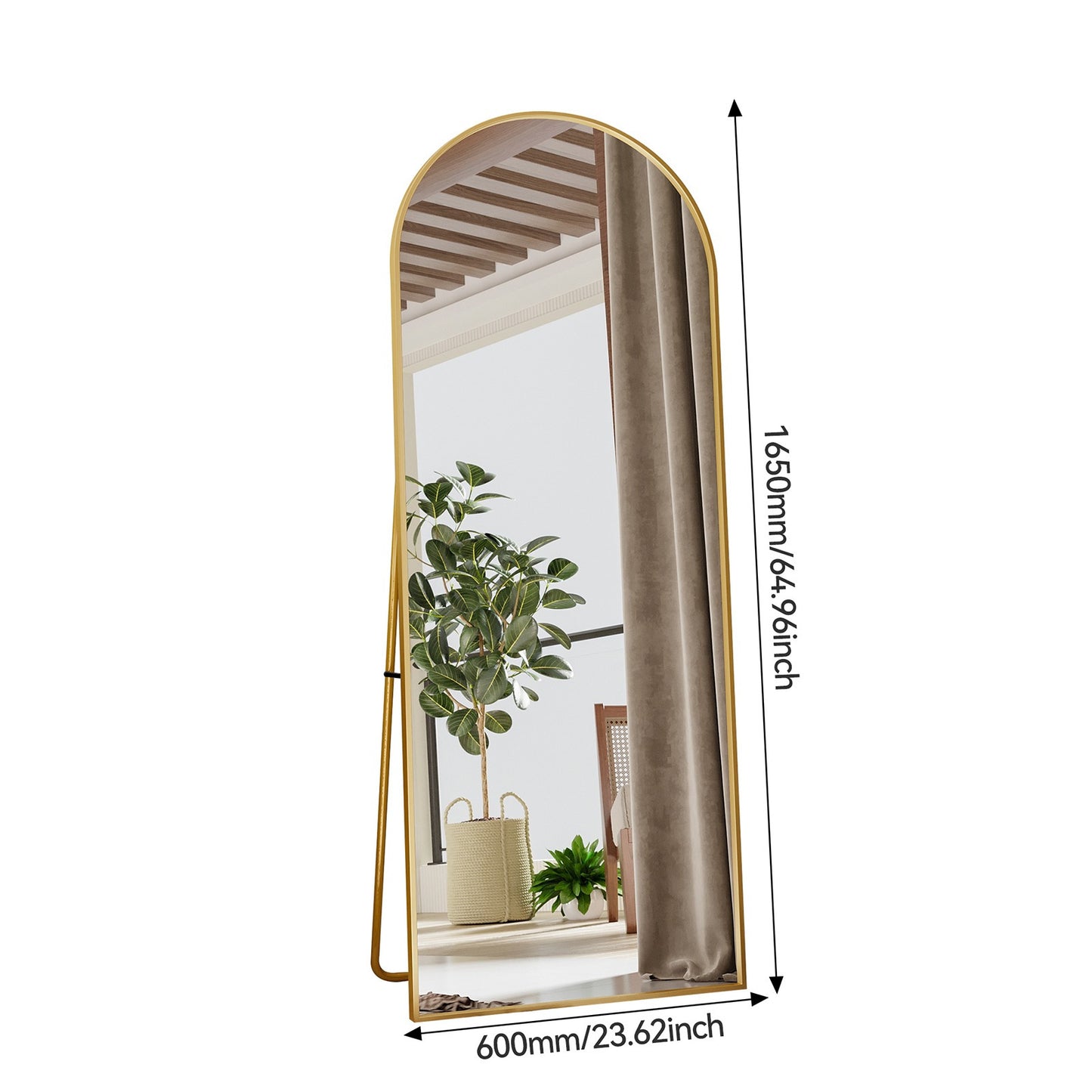 Boogvormige Staande Spiegel – Volledige Lichaamsspiegel – Vloerspiegel – Grote Slaapkamer Spiegel – Badkamerspiegel – Schokbestendig Glas – Aluminium Frame – Goud 165x60 cm