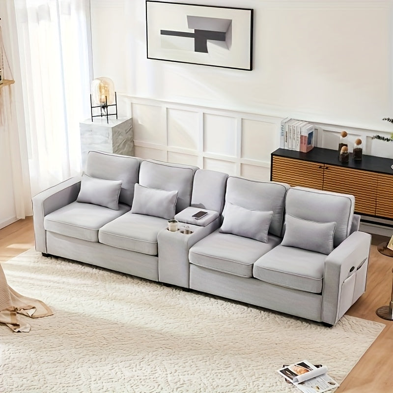 Bankstel – Zithoekbank – Hoekbank – Slaapbank – 4-zitsbank – Grijze Stof – Opbergruimte met Bekerhouders – Comfortabele Zitting