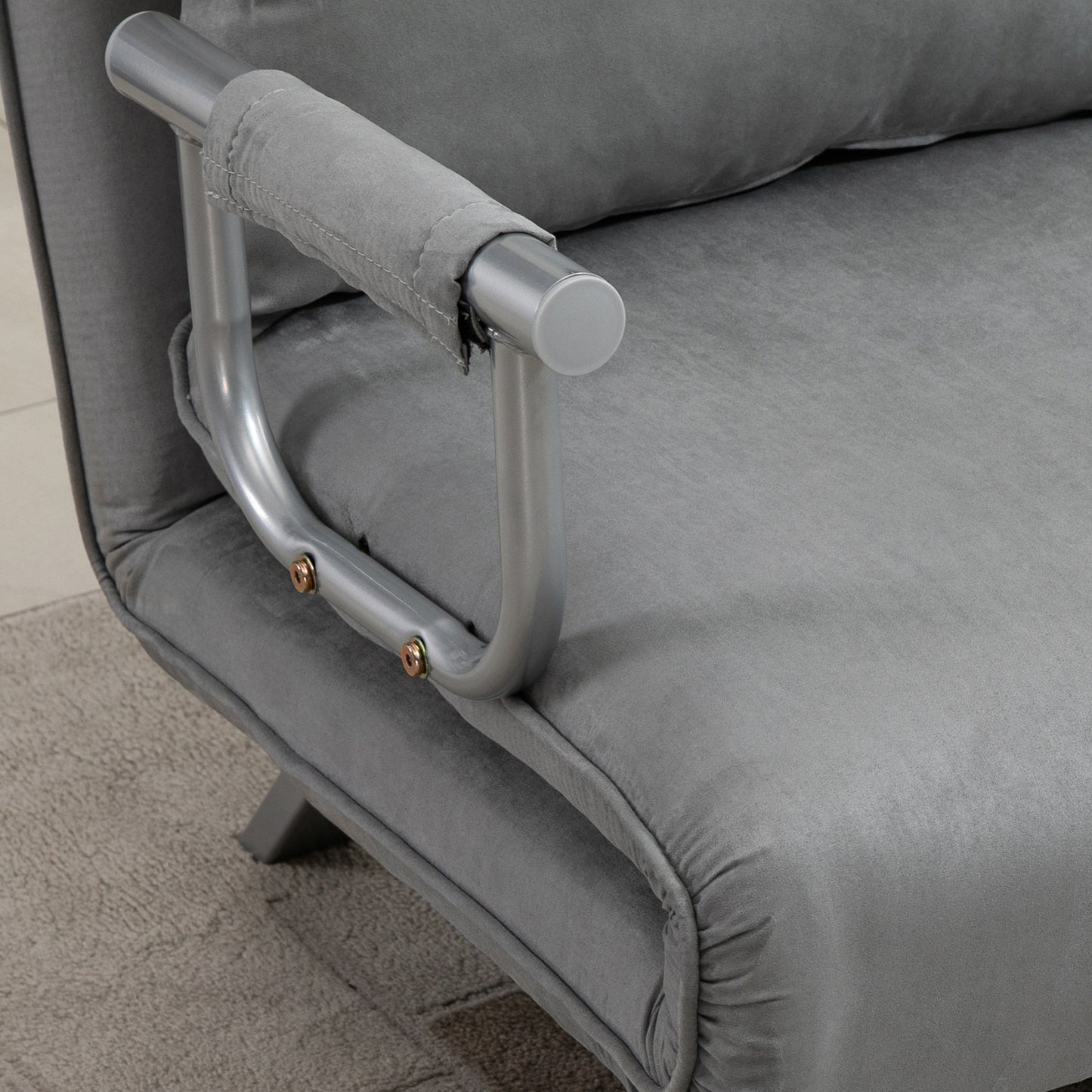 2-zits slaapbank – tweezitsbank – slaapstoel – loungestoel – slaapbed – verstelbare rugleuning – zachte lichtgrijze faux suède – gepoedercoat stalen frame – 111 x 80 x 78 cm