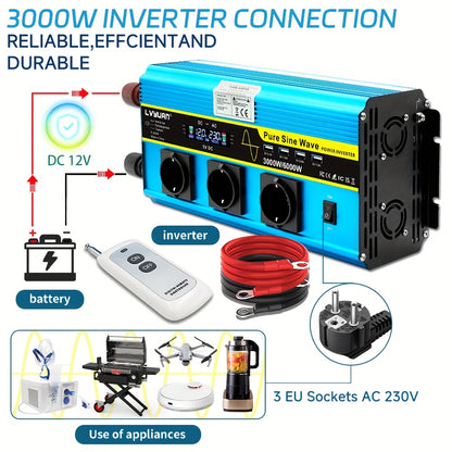 Omvormer – Power Inverter – Spanning Omzetter – DC naar AC Converter – Sinusgolf Omvormer – 12V 3000W – Pure Sinusgolf Uitgang – LCD Display met 3 Stopcontacten en 4 USB Poorten