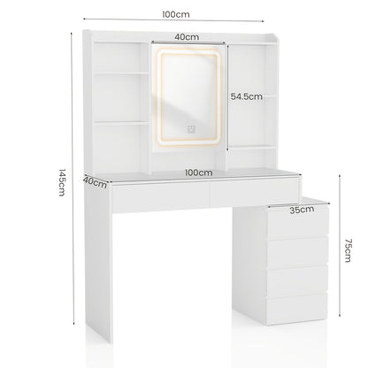 Vanity Desk – Make-up Tafel – Kaptafel – Schminktisch – Dressing Table – Verlichte Spiegel Met 3 Lichtstanden – 6 Laden Met 3 Opbergshelves – Wit – Gehard Glas