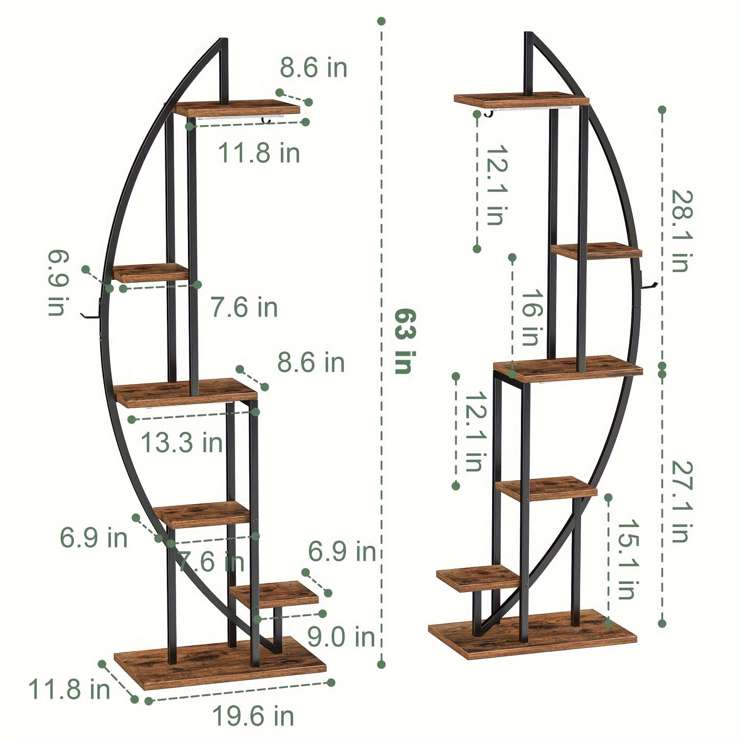 Plantenstandaard – Plantenrek – Bloemenrek – Groeilichtstandaard – Plantenhouder – 6 Lagen – Ingebouwd Groeilicht – Crescentshape – Metaal – 160 cm – Zwart