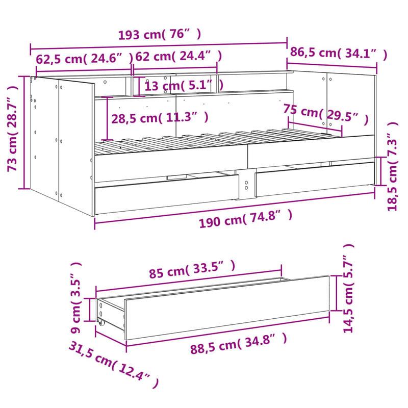 Slaapbank – Bank – Daybed – Logeerbed – Sofa Cama – Met Opberglades – Massief Hardhout – Ruimtebesparend 75x190 cm – Donker Eiken Afwerking