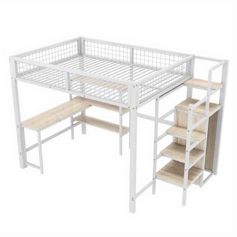 Bedframe – Hoogslaper – Stellingbed – Bedframe Met Opbergladders – Metalen Bed – Wit – 140x200 cm – Duurzaam Metalen Frame – Ruimtebesparend Design