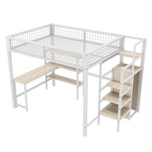 Bedframe – Hoogslaper – Stellingbed – Bedframe Met Opbergladders – Metalen Bed – Wit – 140x200 cm – Duurzaam Metalen Frame – Ruimtebesparend Design