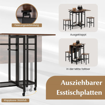 Eettafelset – Eettafel – Eethoek – Keukentafelset – Zitgroep – Uitschuifbare Tafel – Met Wijnrek en Opbergruimte – Verrijdbaar met Wieltjes – Inklapbaar