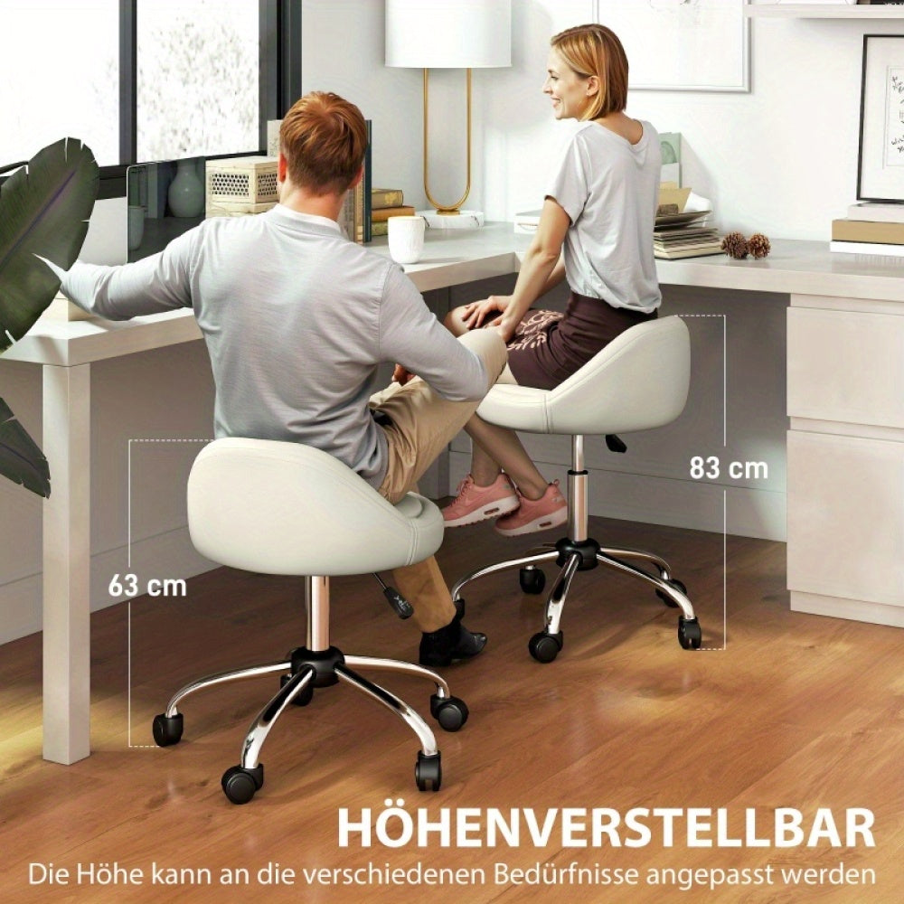 Krukje – Kruk – Werkkruk – Draaikruk – Zitkruk – Verstelbaar 63-83 cm – 360° Draaibaar Met Wieltjes – Wit Kunstleer